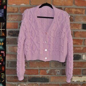Pink Chunky Cable Knit Button-up Cropped Sweater Pom Pom Cardigan M-L